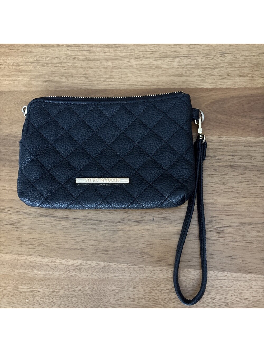Steve Madden Quilted Wristlet - Black With Black Hardware 2 Zip Compartments